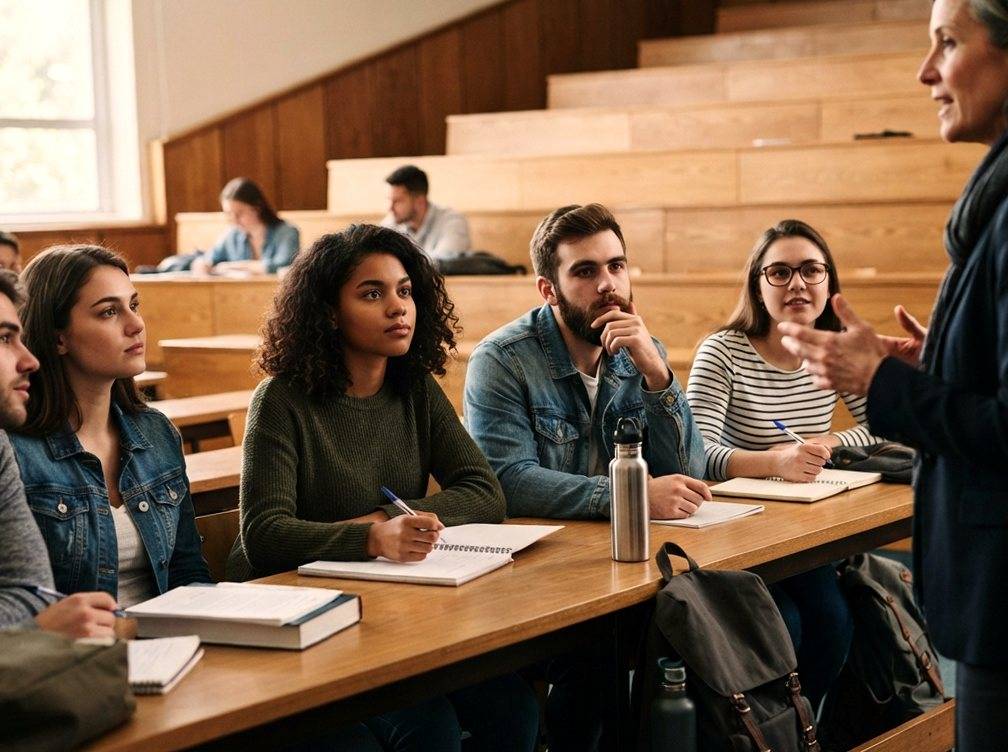 College students take notes during a liberal arts seminar in a university lecture hall.
