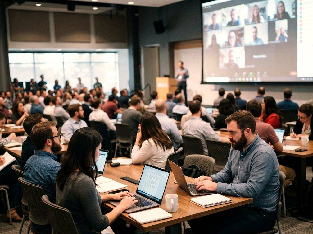 Employees attending a company town hall meeting with a video call displayed on screen.