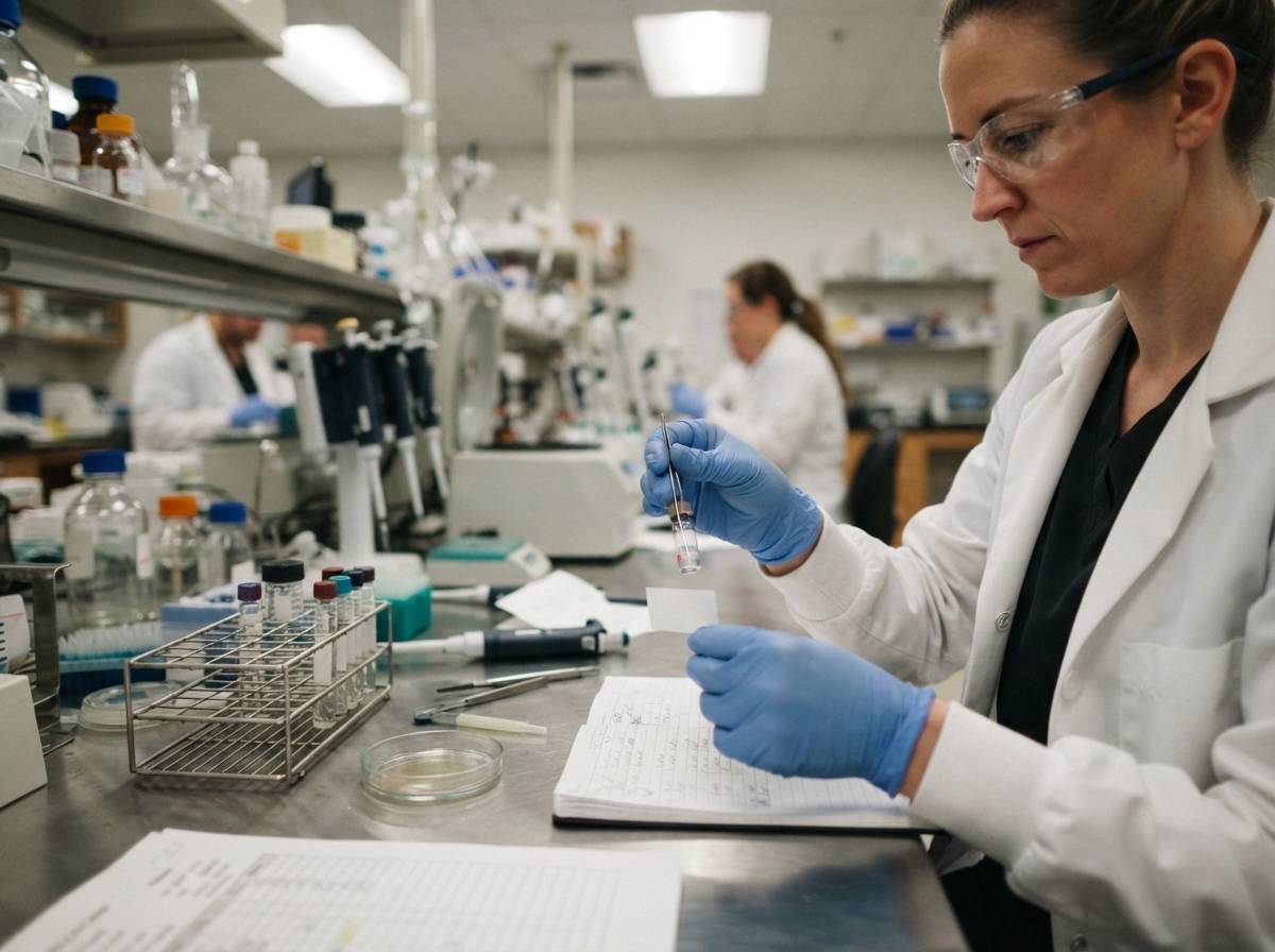 Researcher in a lab coat examining clinical trial sample vials in a pharmaceutical laboratory.