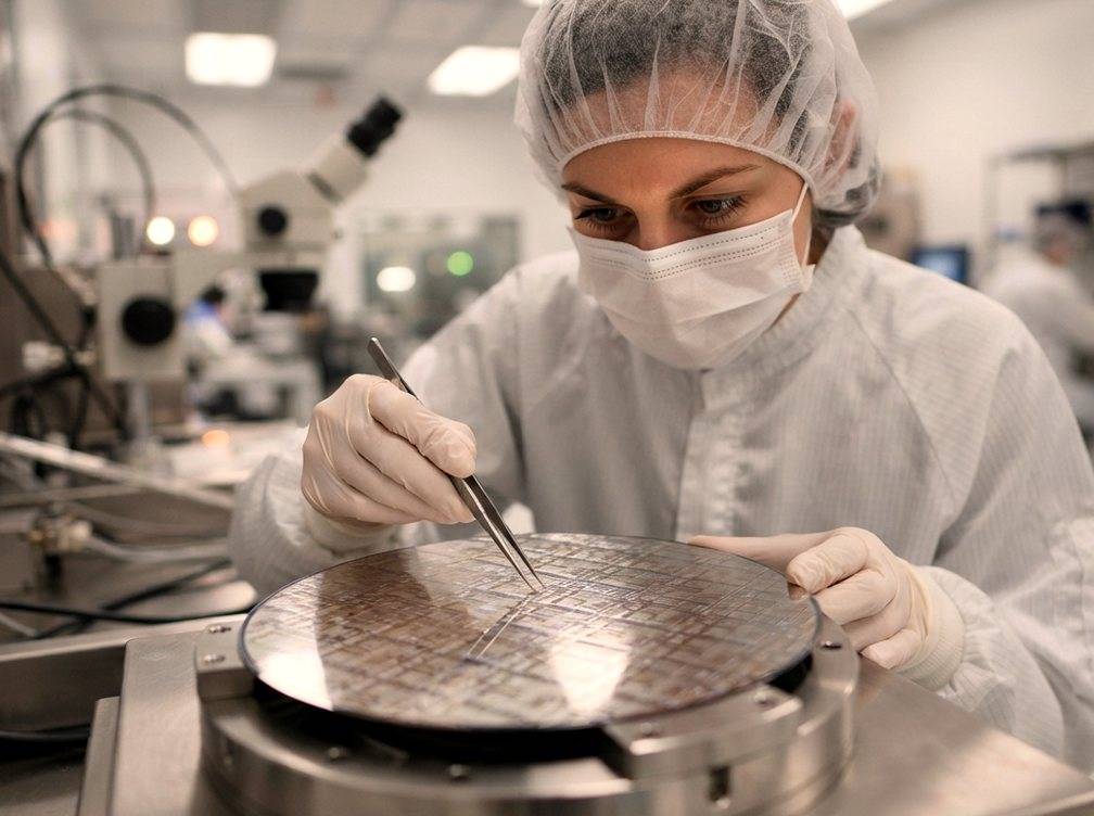 Technician in a cleanroom suit examining a tray of memory chips on a factory floor.
