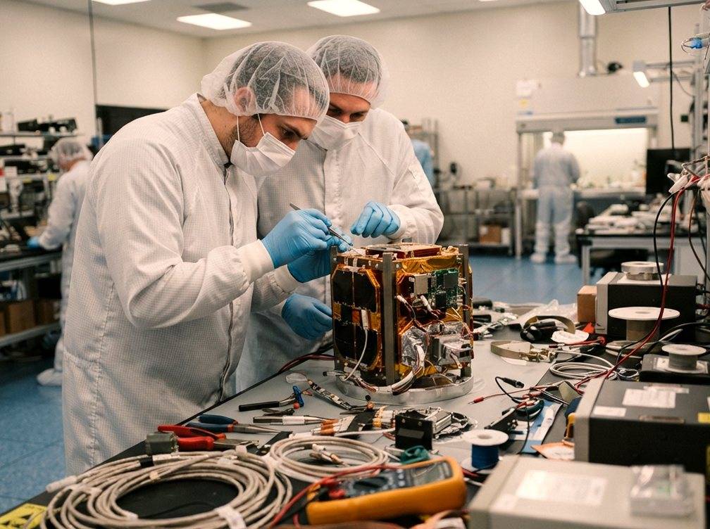Technicians in clean room suits assembling a satellite component at a manufacturing facility.