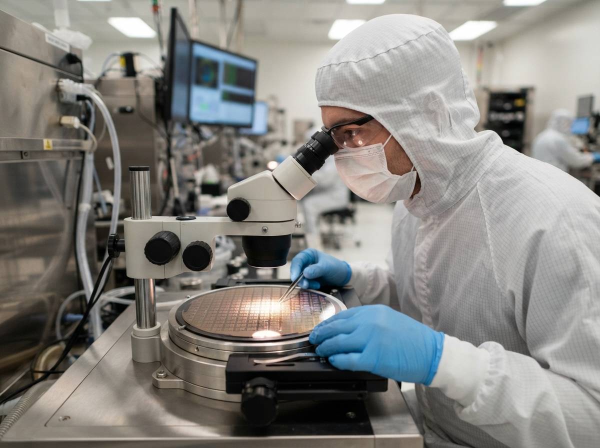 Technicians in cleanroom suits inspecting memory chip wafers inside a semiconductor factory.