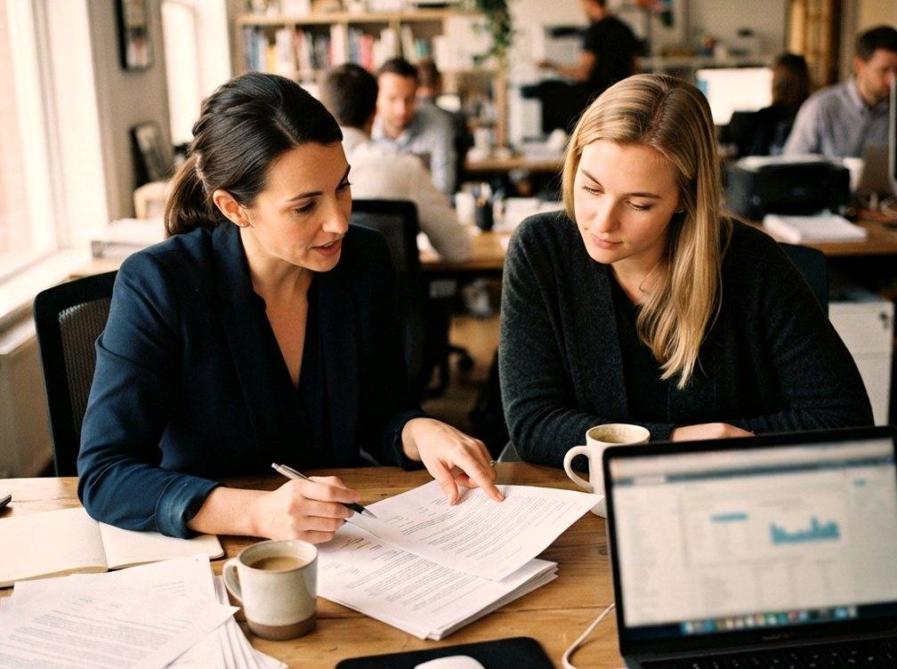 Two insurance professionals reviewing contract documents and a laptop during a risk sharing negotiation meeting.