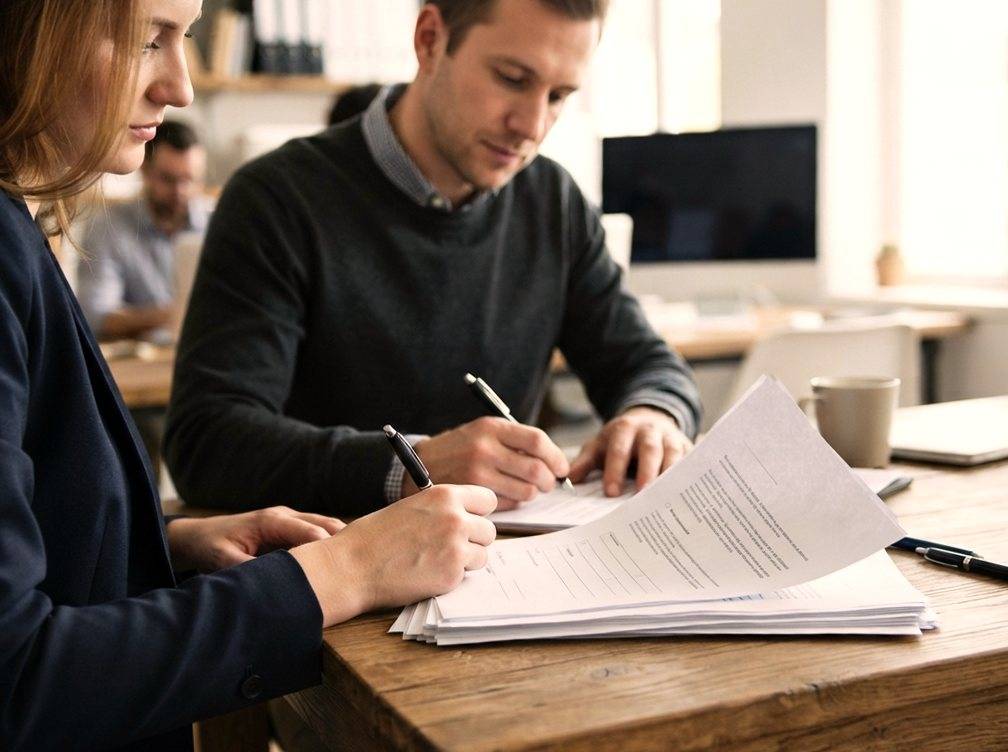 Two people sign insurance contract documents at a desk.