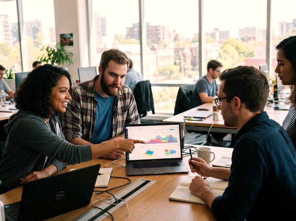 Two professionals discuss a project over a laptop in a glass walled office meeting room.