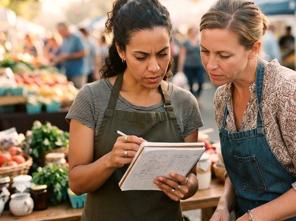 Two small business owners compare handwritten sales tallies at an outdoor market stall.