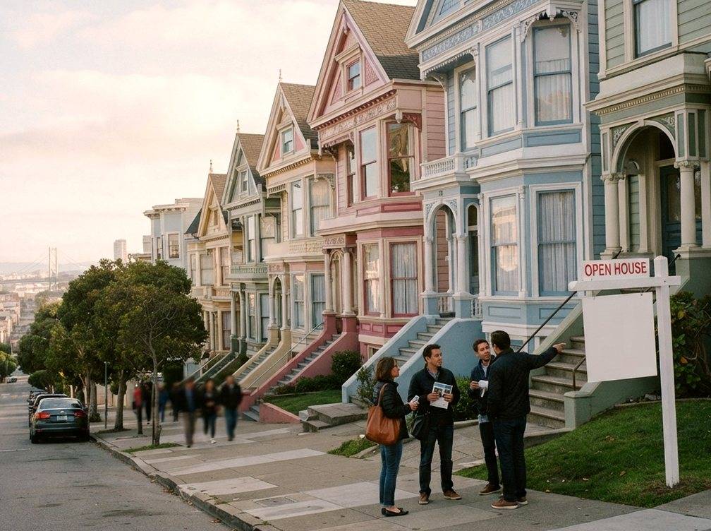 Victorian houses line a steep San Francisco street with an open house sign visible on the sidewalk.