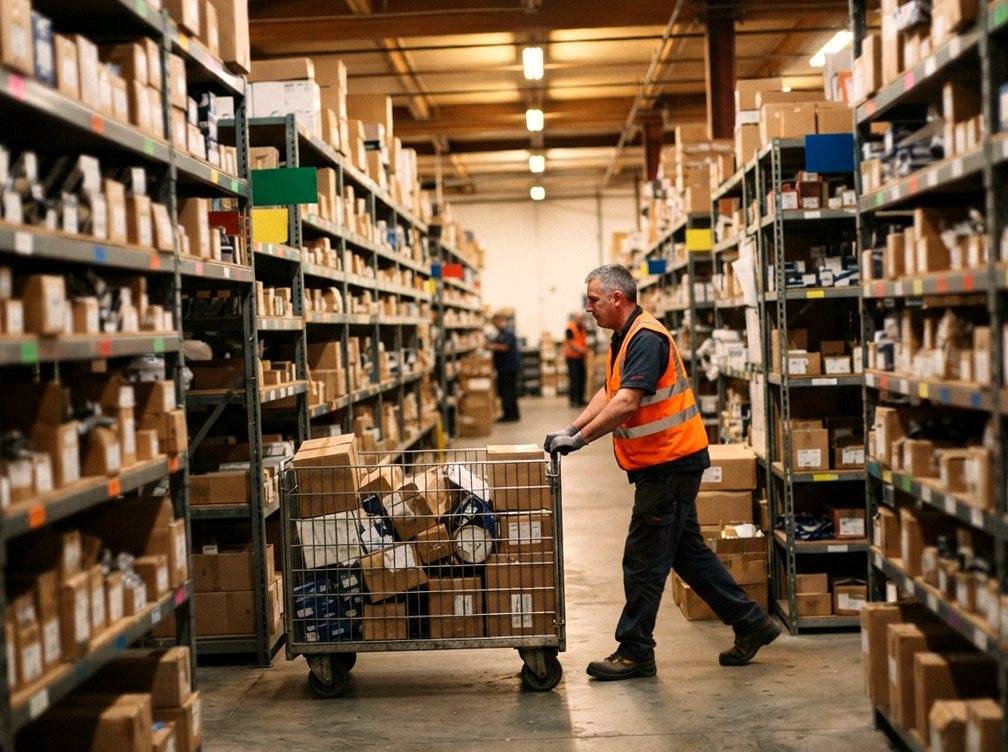Warehouse worker scanning inventory among tall shelves of auto parts boxes.