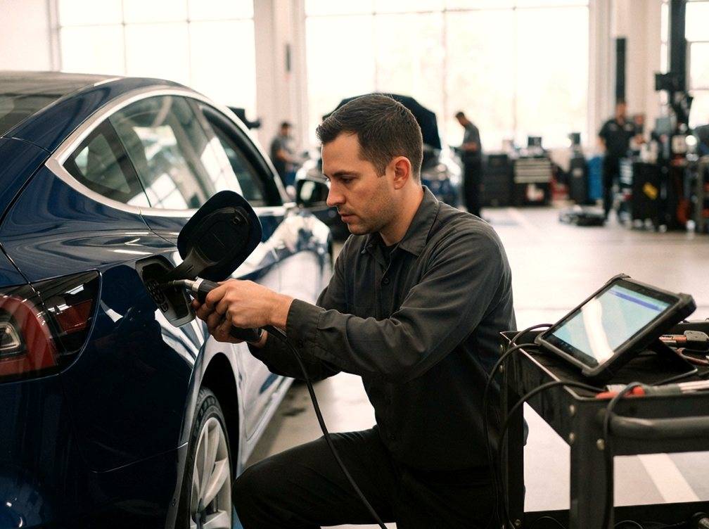 Workers and robotic arms assembling a Tesla vehicle on a factory production line.