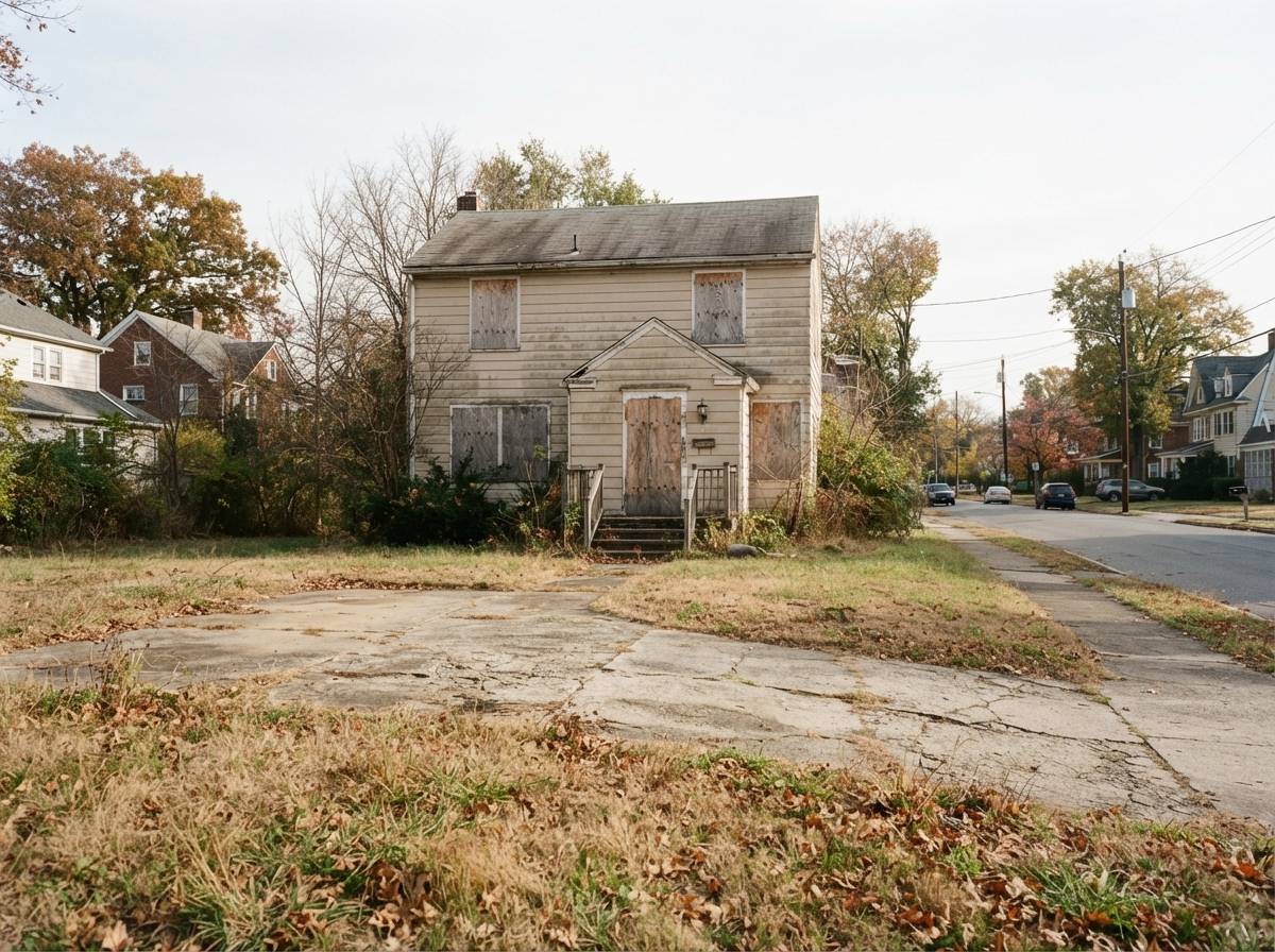 A boarded up house sits vacant on a residential street after foreclosure.