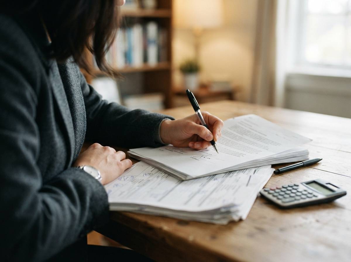 A close up of a hand signing loan documents on a desk.