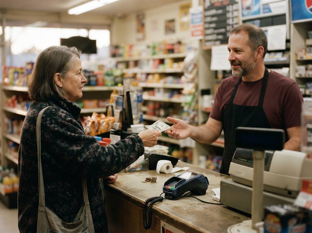 A customer pays a cashier with cash at a store counter instead of using a card reader.