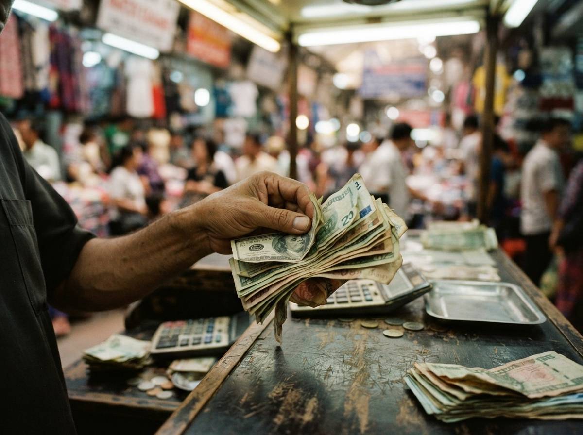 A hand selects an international newspaper from a crowded city newsstand rack.
