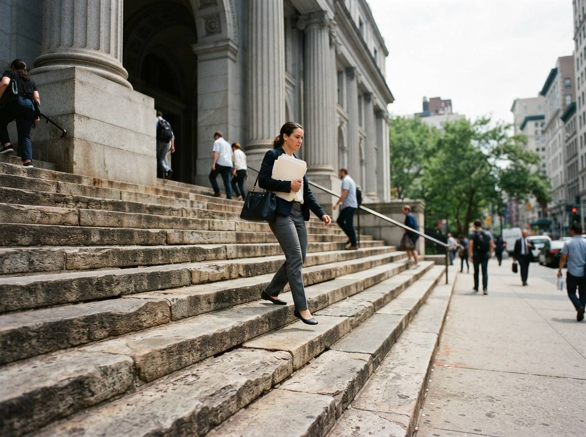 A person carrying legal documents walks down courthouse steps.