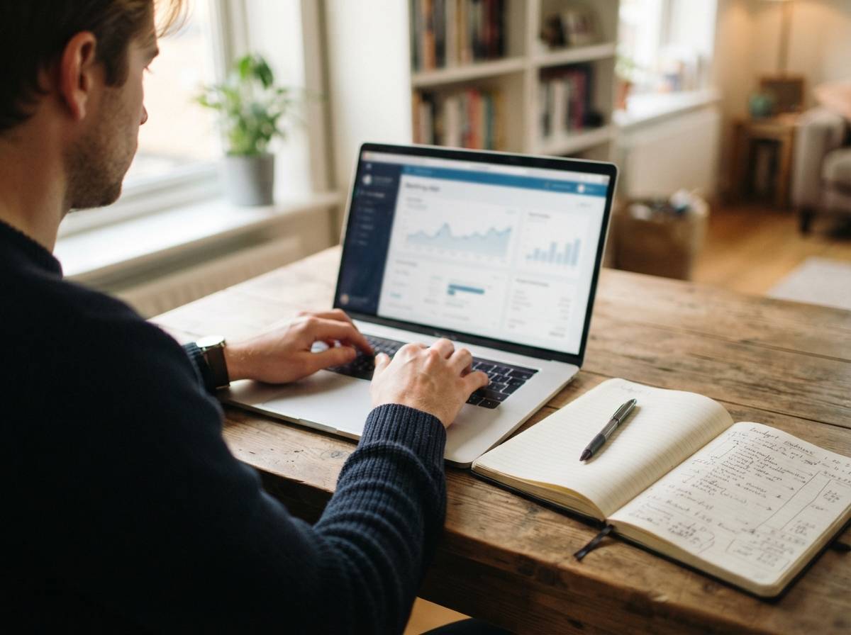 A person checks a banking app on a laptop next to a handwritten budget notebook.
