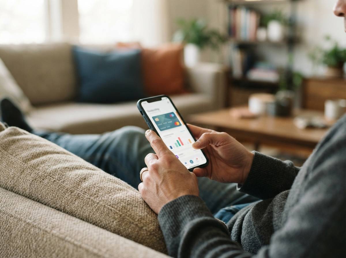 A person checks a credit monitoring alert on their phone while relaxing at home.