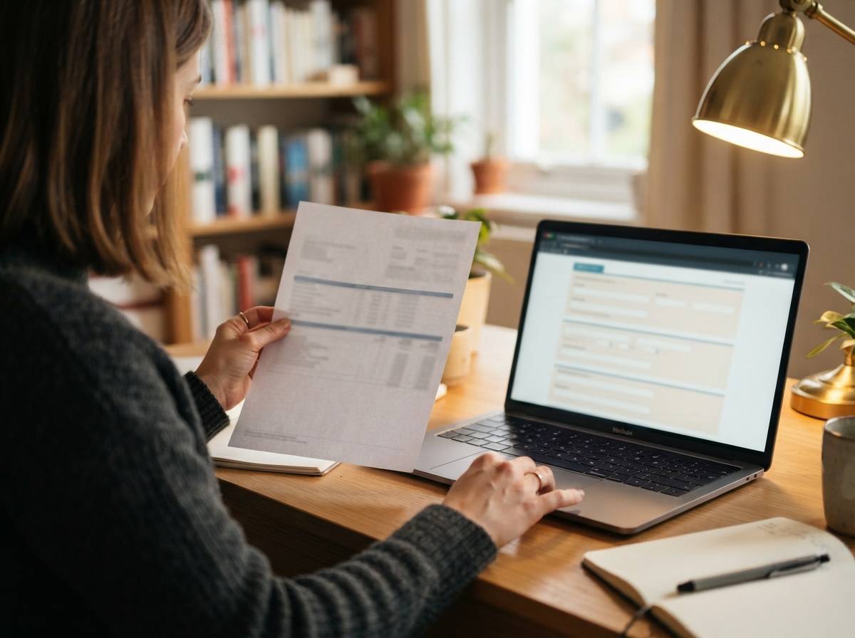 A person compares a printed credit report page with an online dispute form on a laptop.