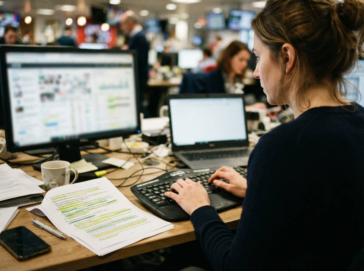 A reporter reviews a marked up Federal Reserve speech transcript while typing at a newsroom desk.