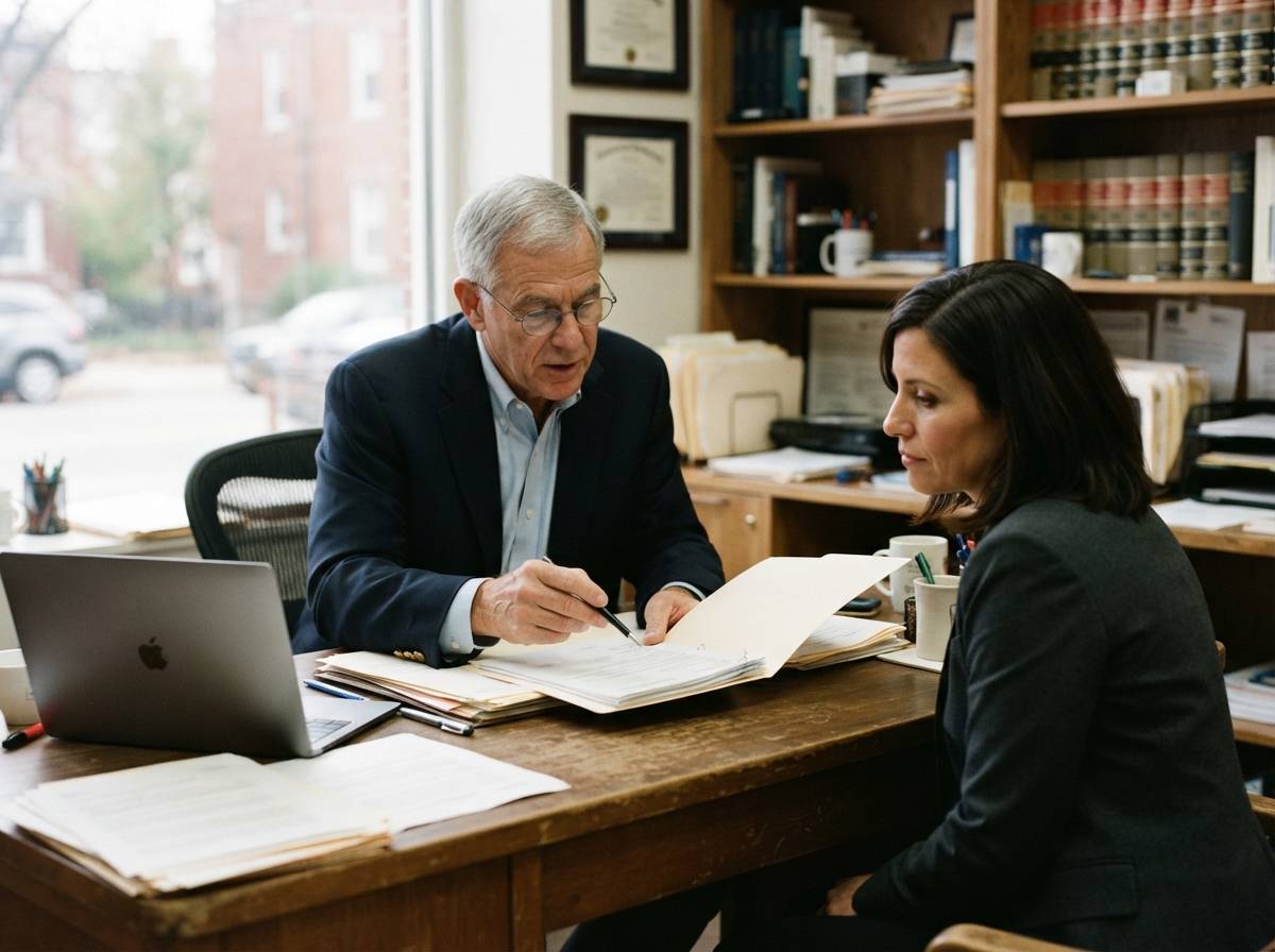 An attorney reviews estate paperwork with a client in a small office.