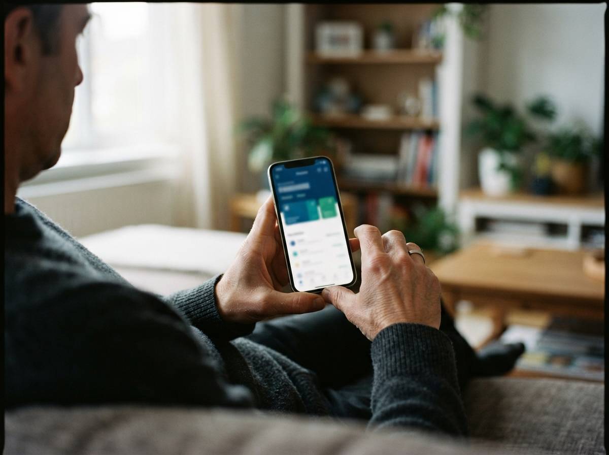 Close up of a person holding a smartphone open to a banking app to check their credit score.