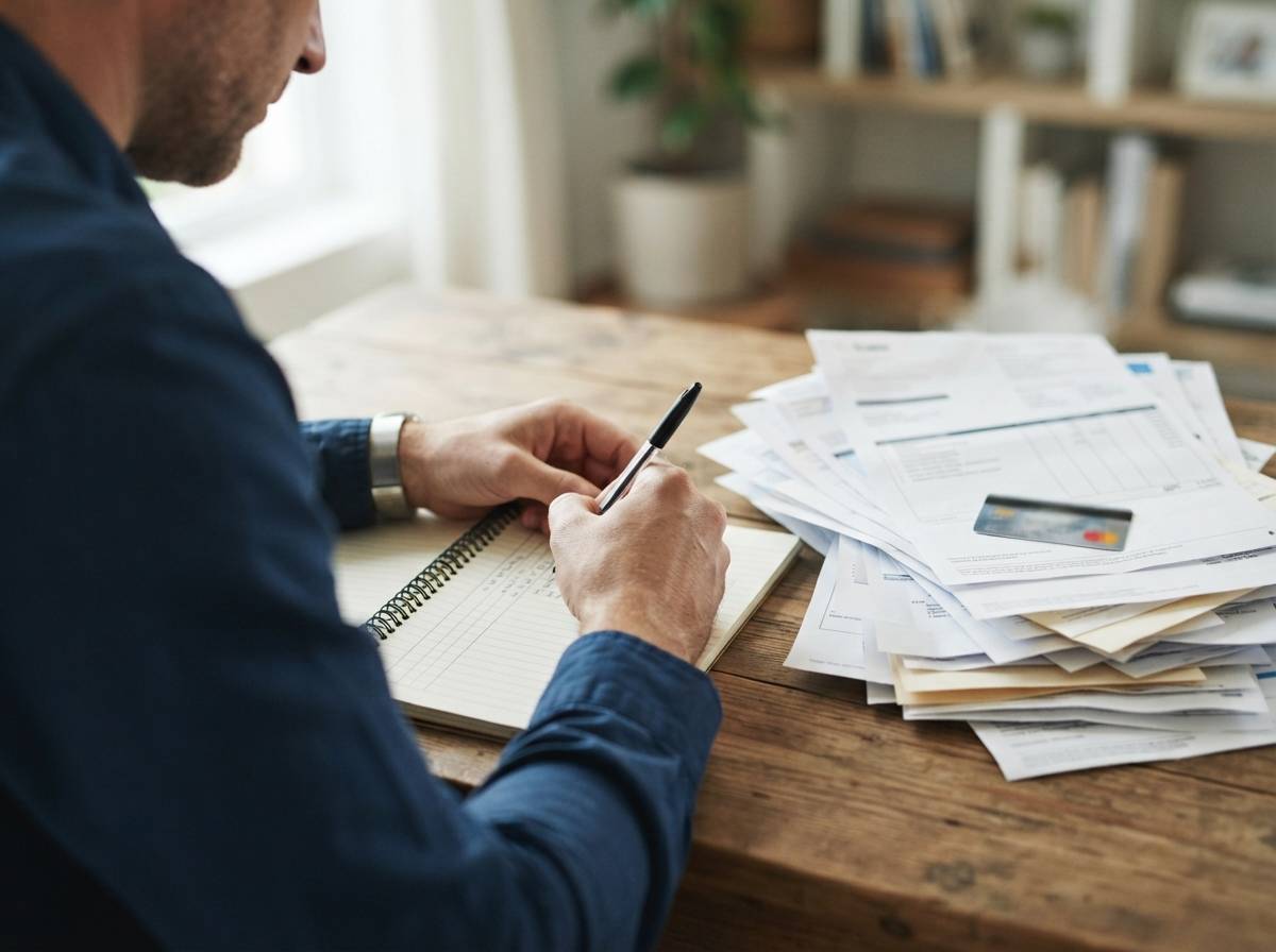 Close up of hands writing debt totals into a notebook beside a stack of billing statements.
