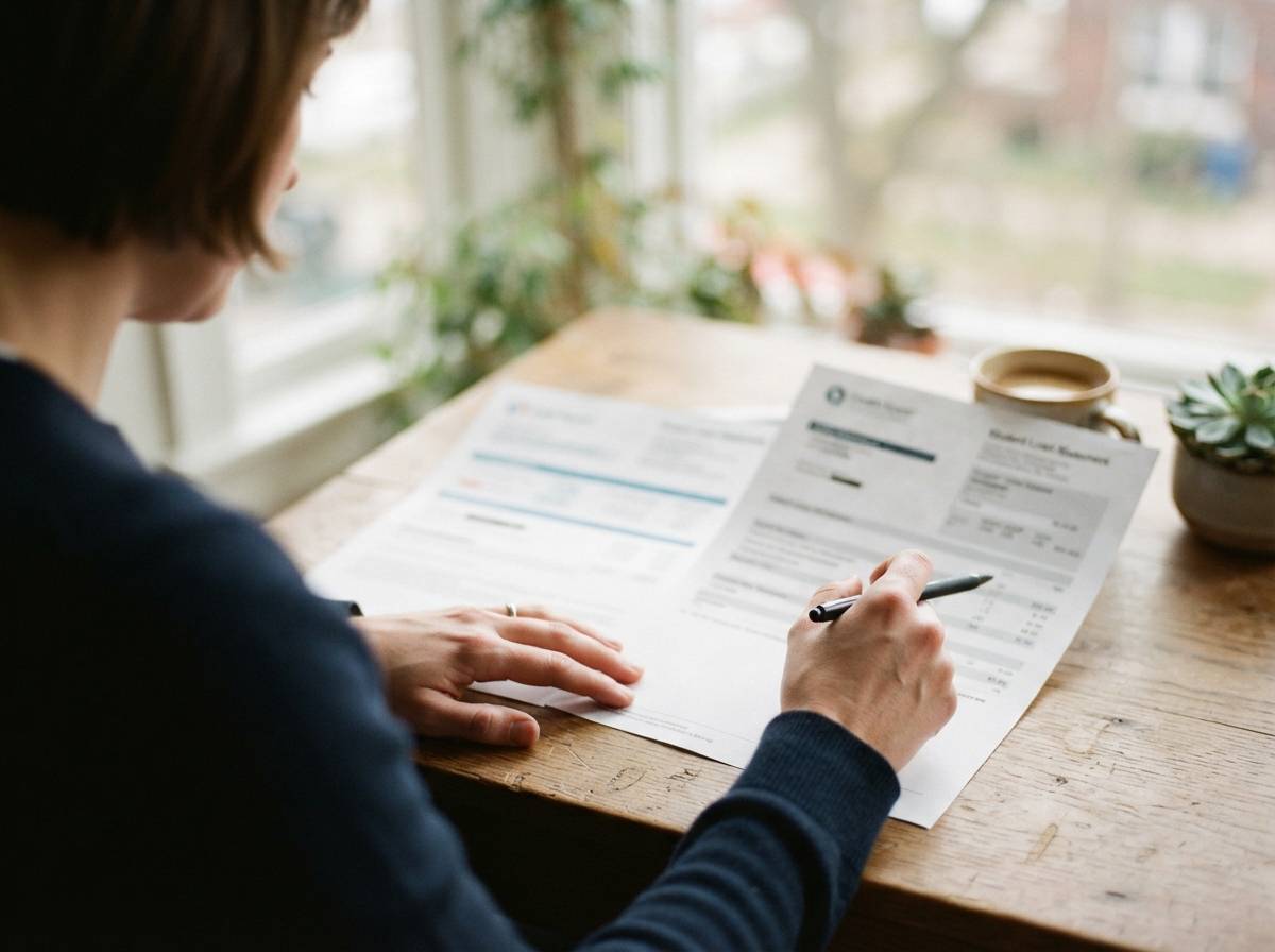 Hands compare a printed credit report with a student loan statement on a desk.