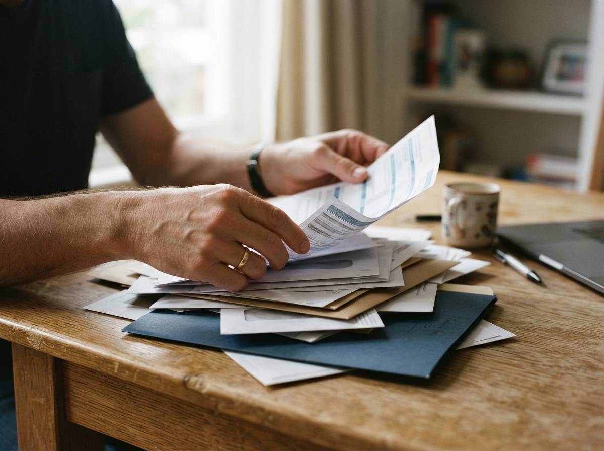 Hands sorting through financial paperwork and mail on a home desk.