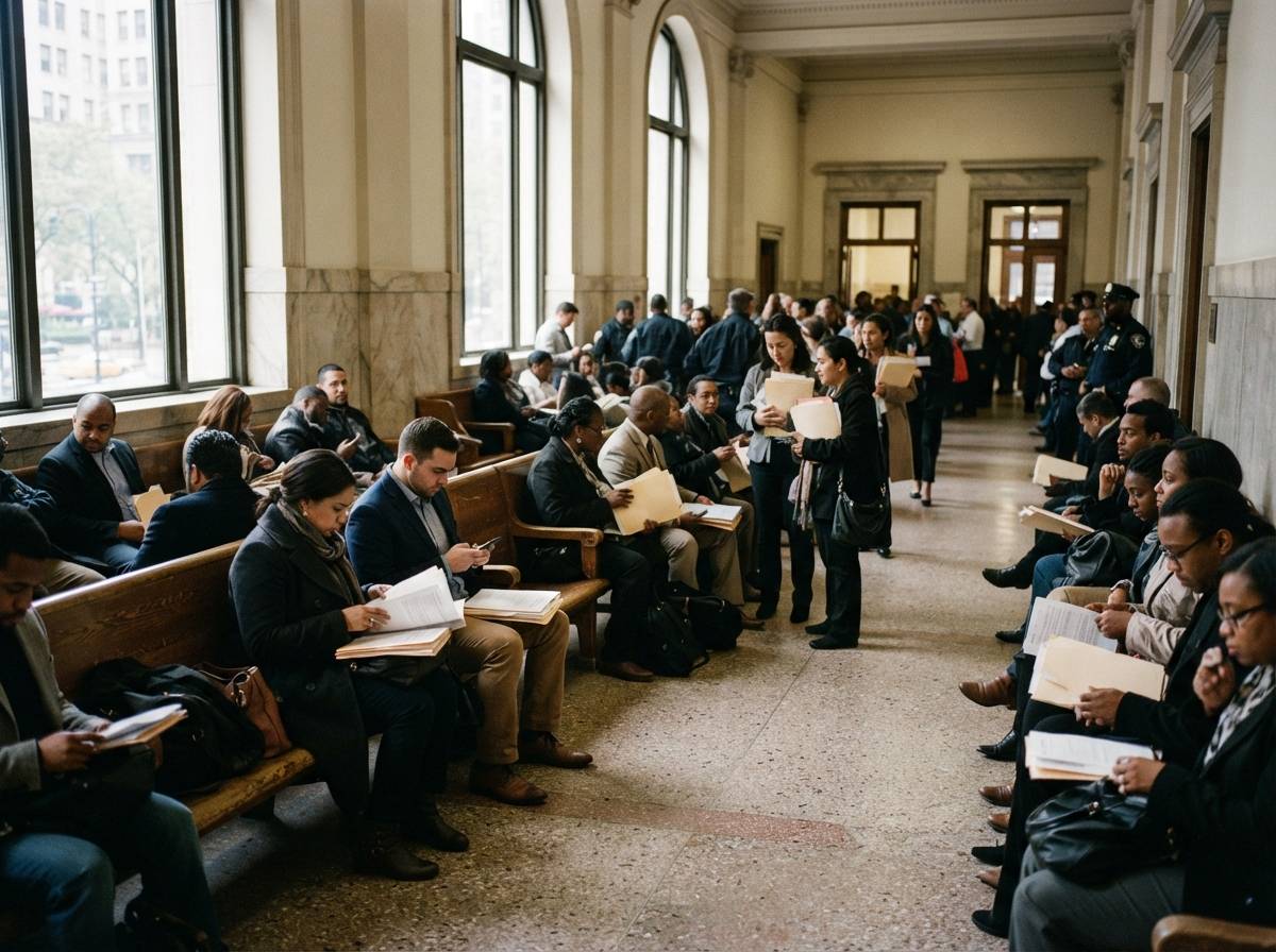 People wait with paperwork in a courthouse hallway before bankruptcy proceedings.