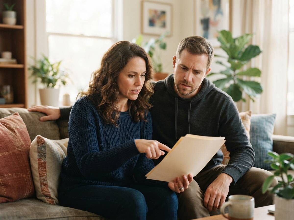 Two adult siblings sit on a couch together reviewing a folder of estate paperwork.
