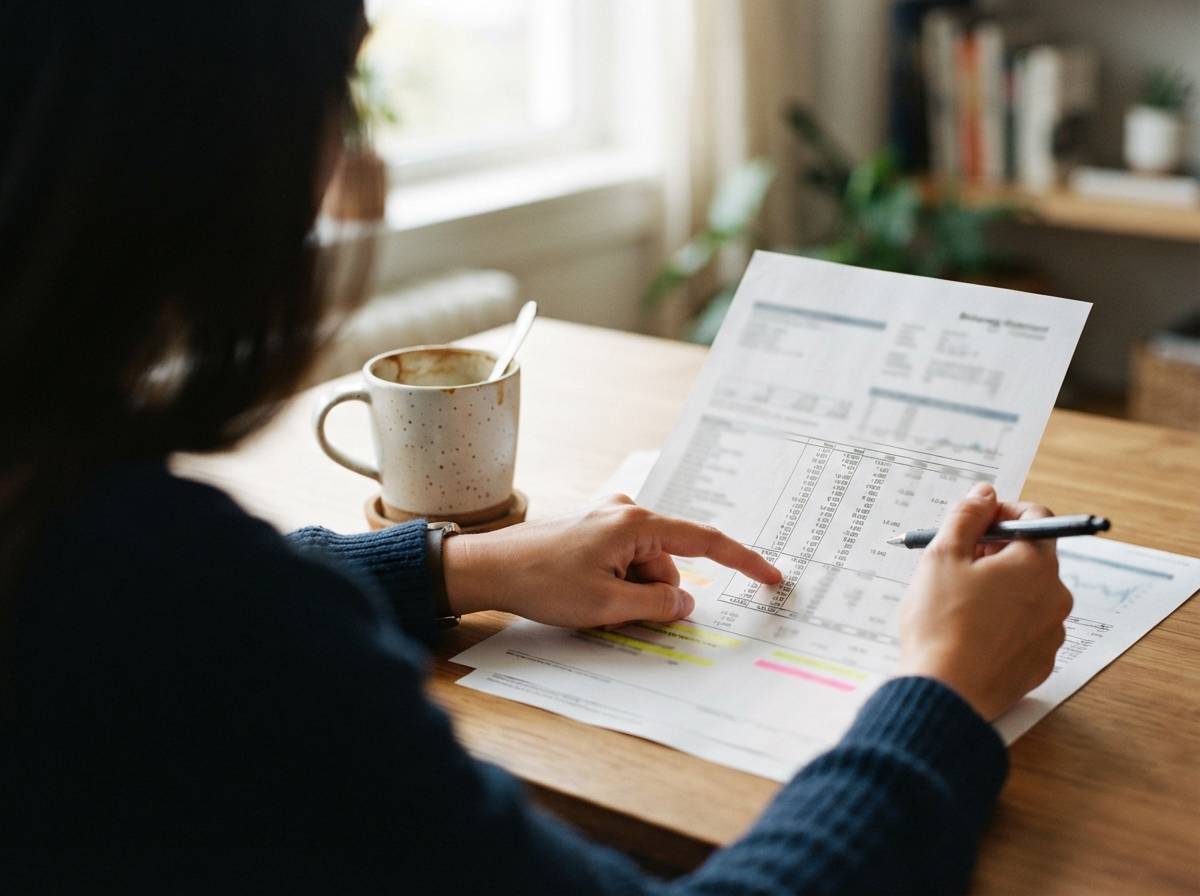 A client points to figures on a printed brokerage account statement during a meeting.