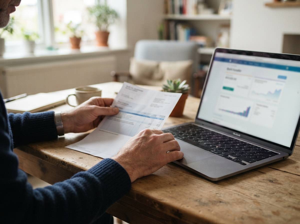 A close up of hands reviewing a bank statement beside a laptop open to an online transfer page.