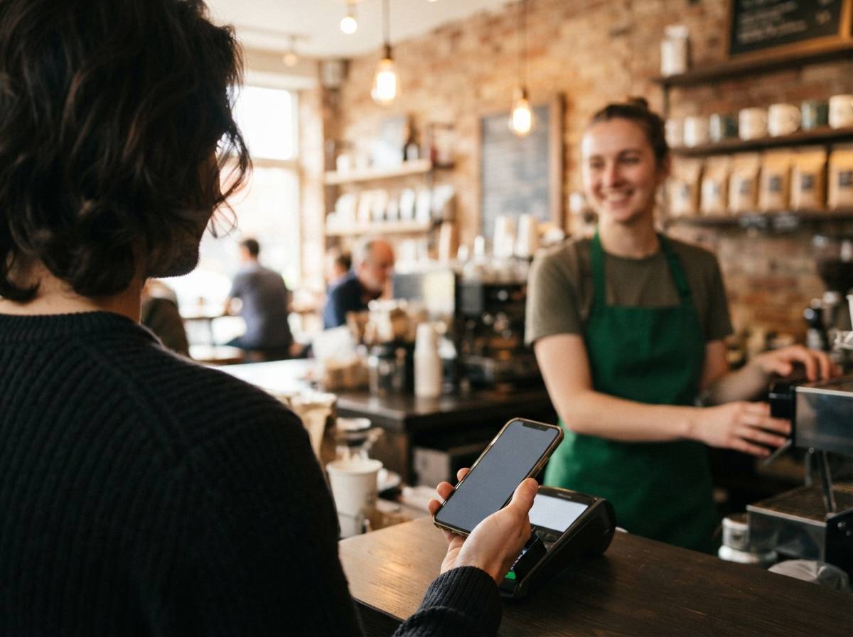 A customer holds up a smartphone to pay at a coffee shop counter.