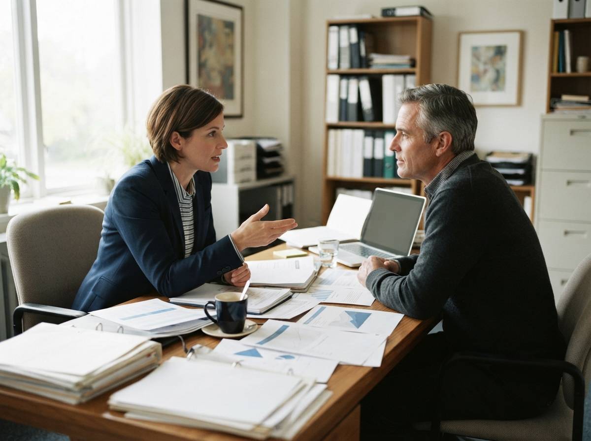 A financial advisor discusses investment options with a client in an office.