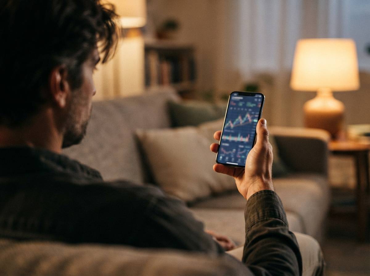 A person checks a stock portfolio app on their phone while relaxing at home in the evening.
