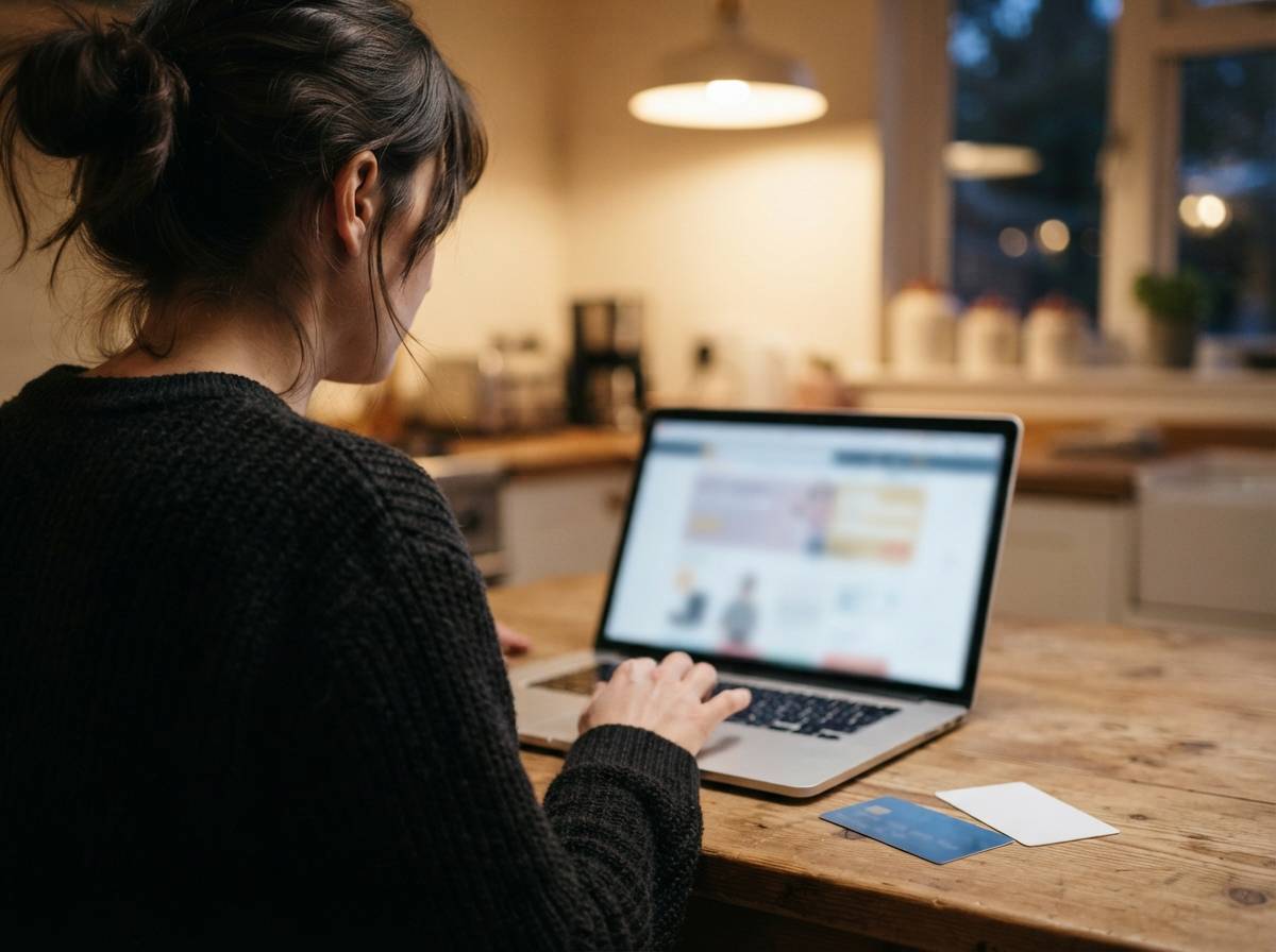A person entering payment details on a laptop with a credit card and gift card nearby.
