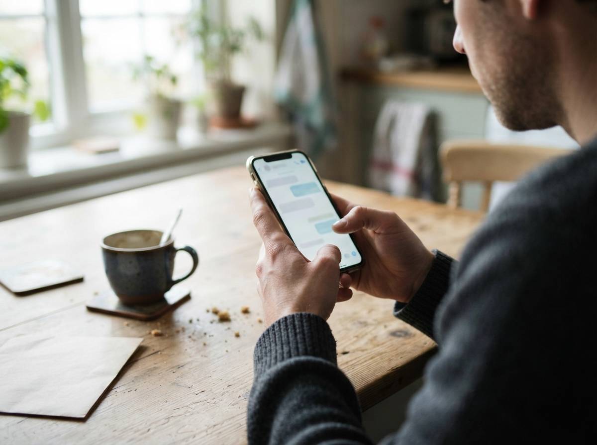 A person holds a smartphone open to a bank customer service chat while sitting at a table.