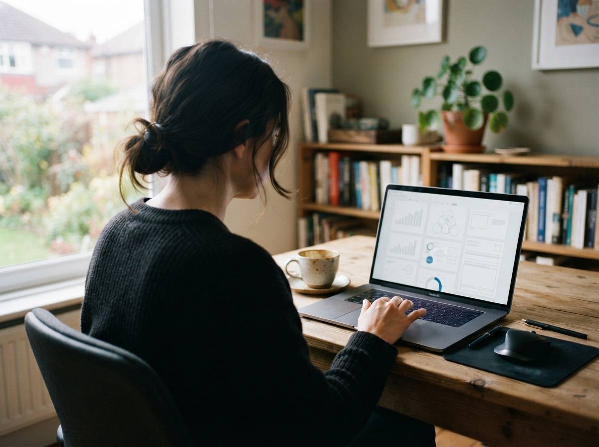 A person reviews an investment account statement on a laptop at home.