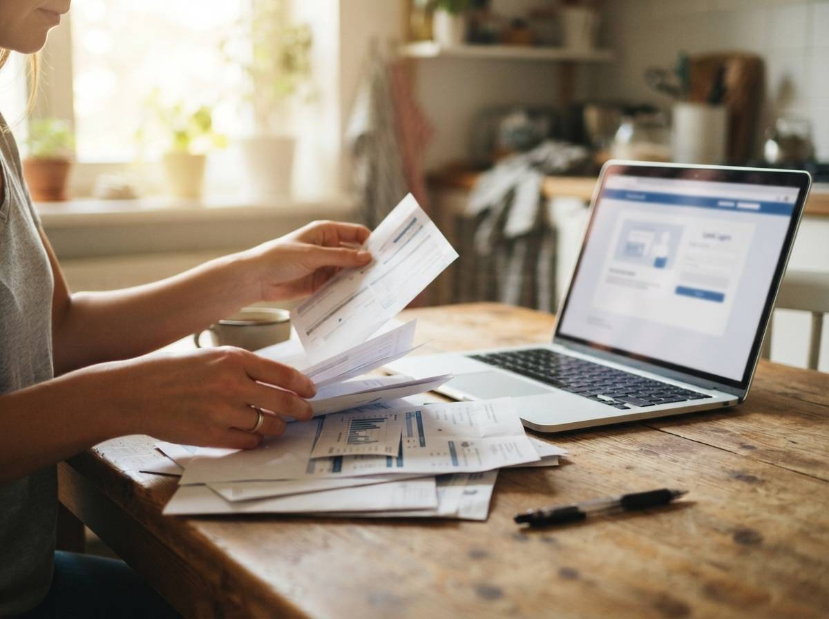 A person reviews paper bank statements and bills next to a laptop at a kitchen table.