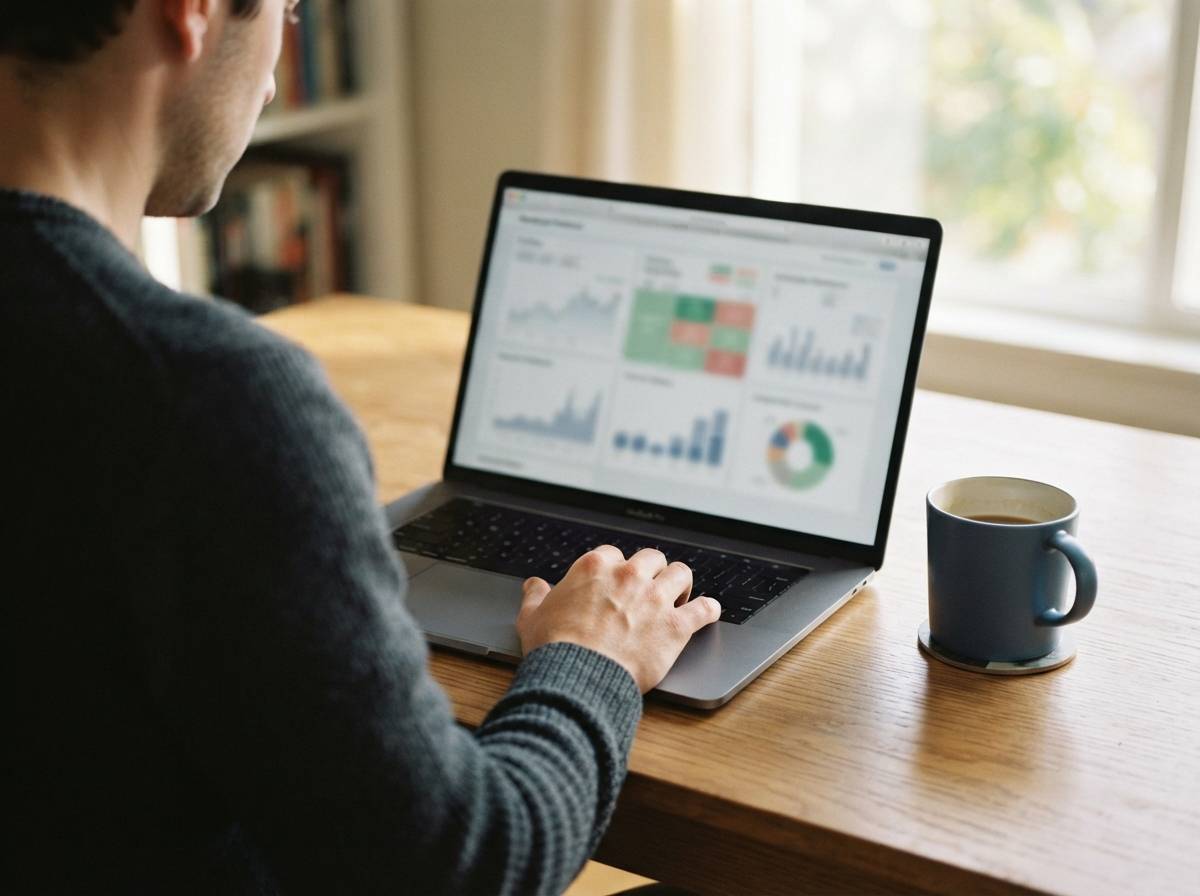 A person reviews their investment portfolio on a laptop at a home desk.