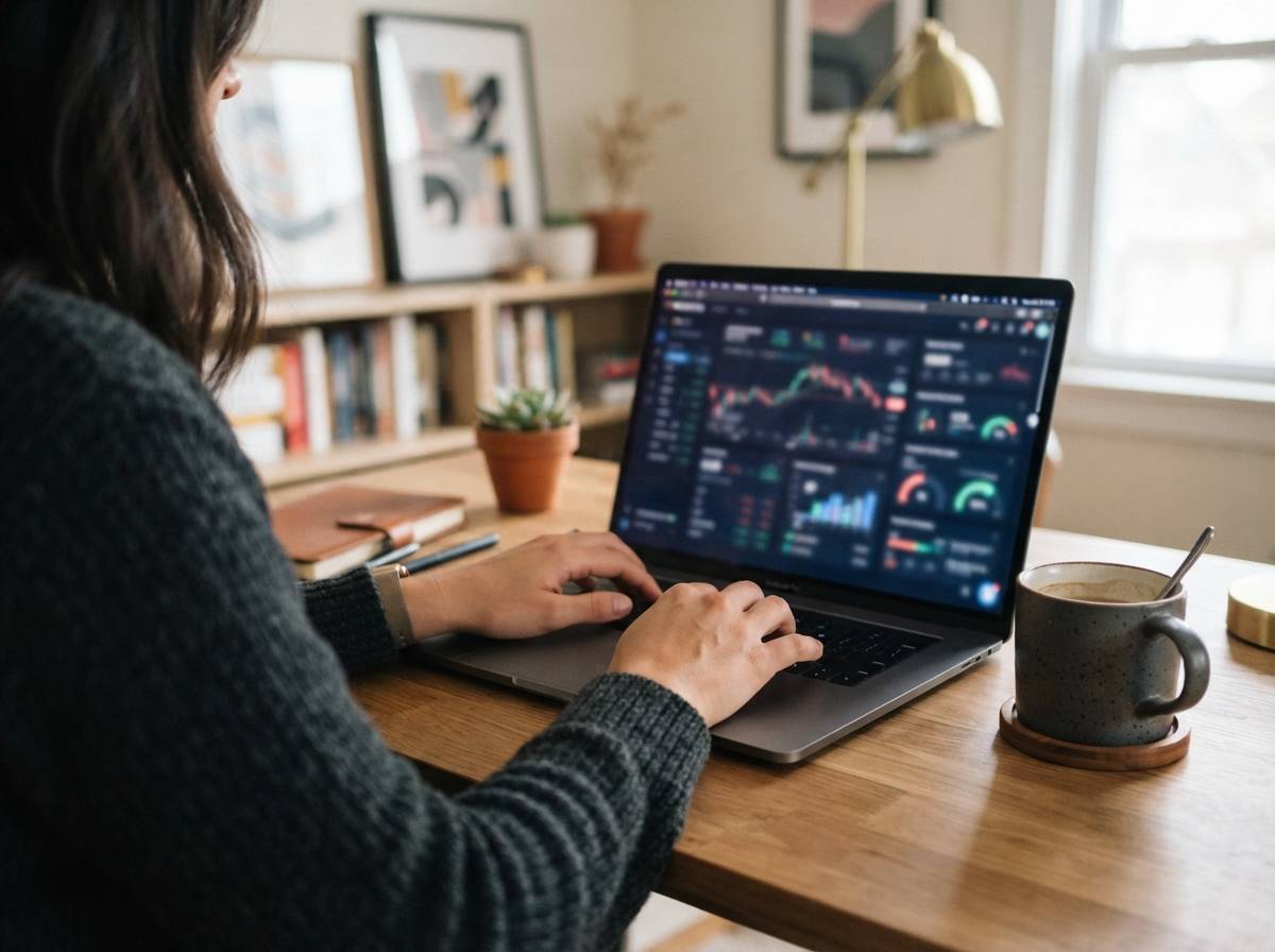 A person views a financial account dashboard on a laptop screen at a home desk.