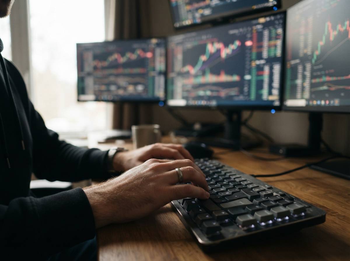 A trader's hands rest on a keyboard while cryptocurrency exchange charts glow on nearby computer monitors.