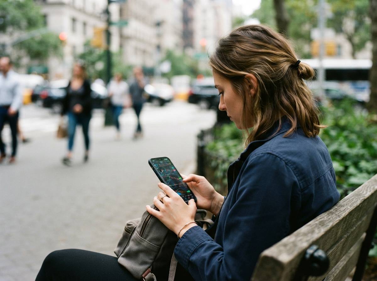 A young investor checks a stock portfolio app on a smartphone while sitting on a park bench.