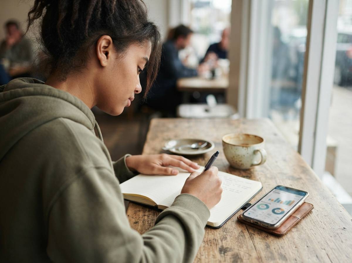 A young person takes notes on personal finances next to a phone with a finance app open.