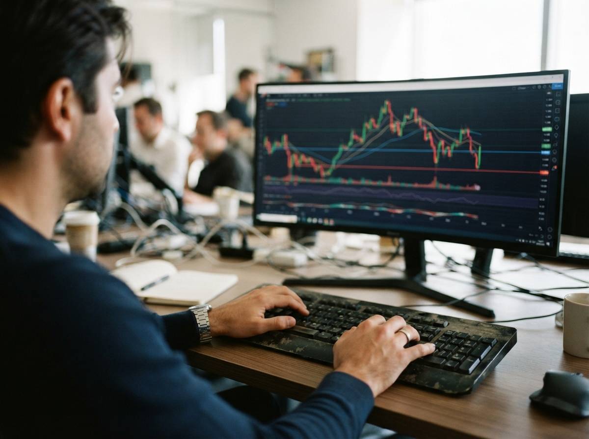 Close up of a trader reviewing entry price and stop loss levels on a trading screen.