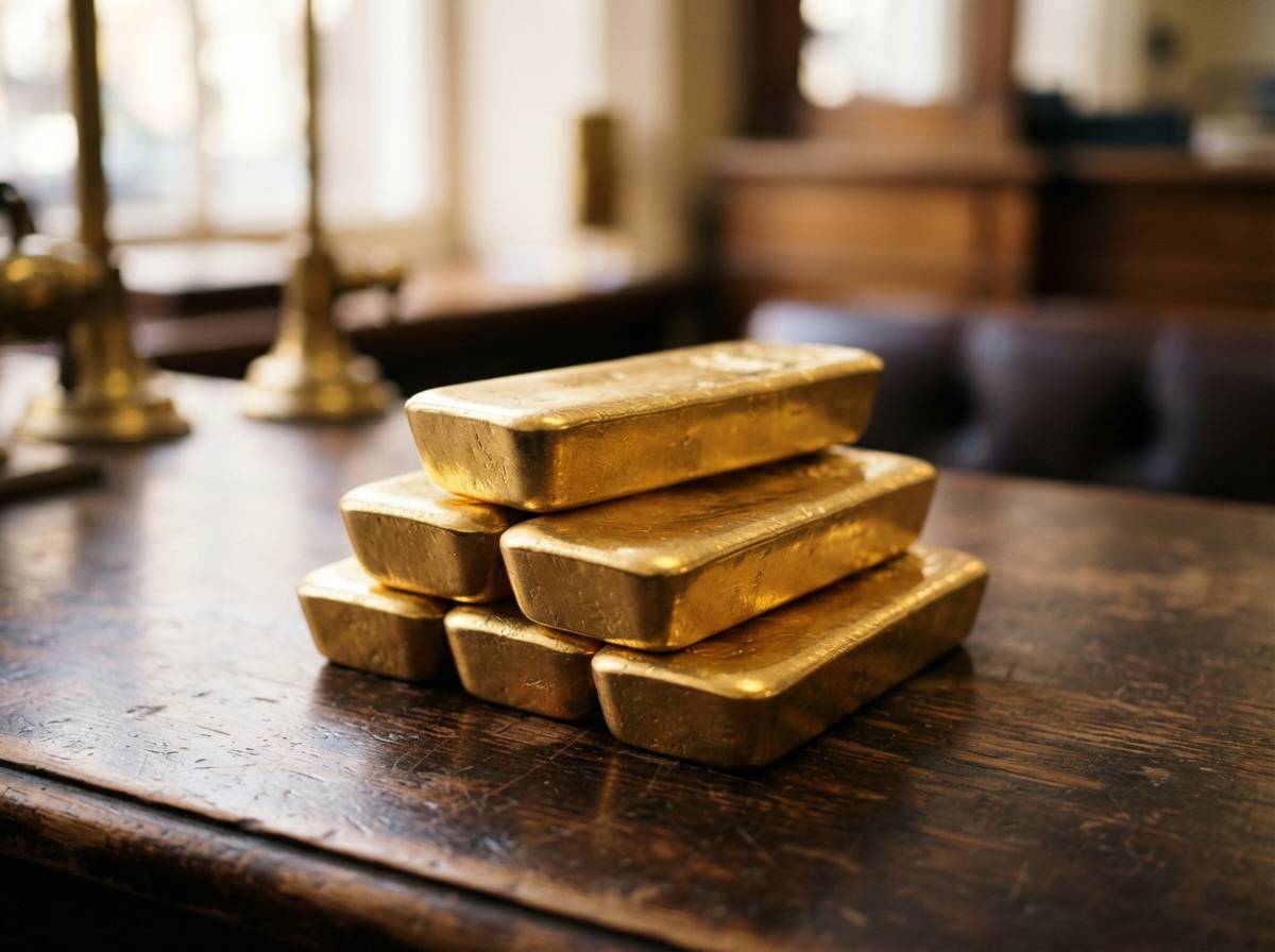 Several gold bullion bars stacked closely together, catching warm natural light.