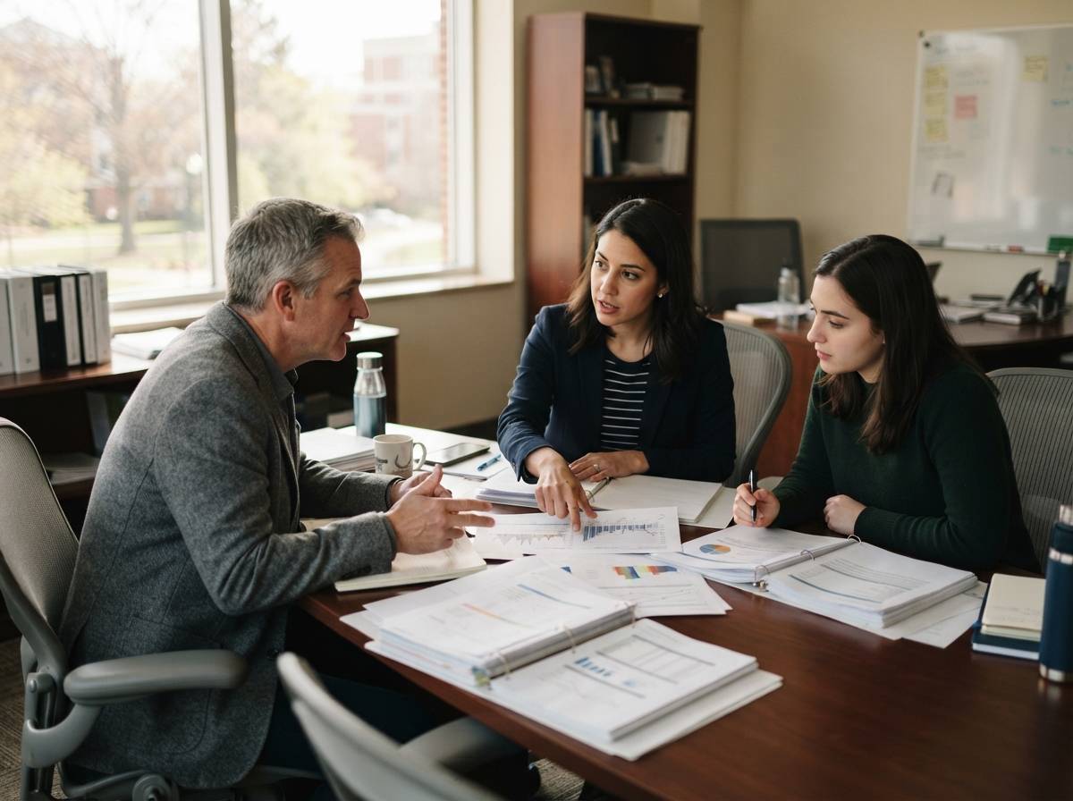 University endowment staff review portfolio allocation reports during a meeting in a bright conference room.