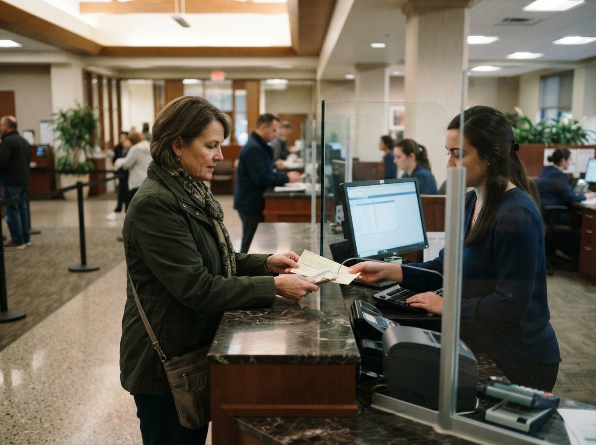 A bank customer hands a deposit slip to a teller at a branch counter.