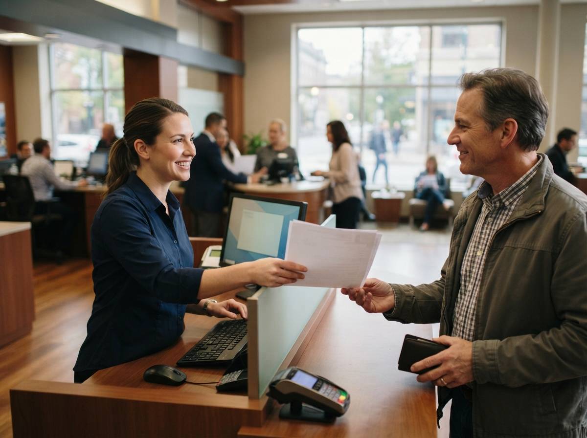 A bank customer reviews paperwork with a teller at a credit union counter.