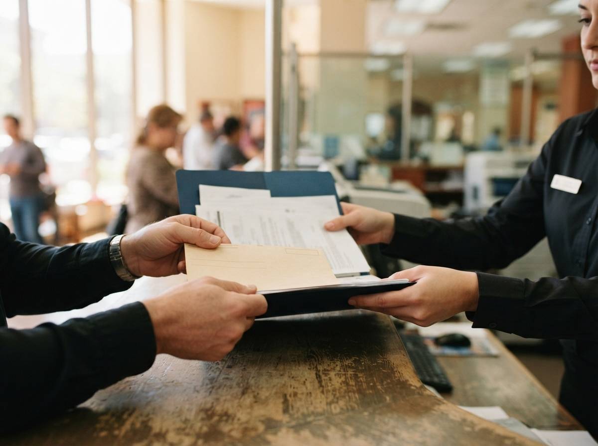 A bank teller counter where a customer hands over deposit paperwork.