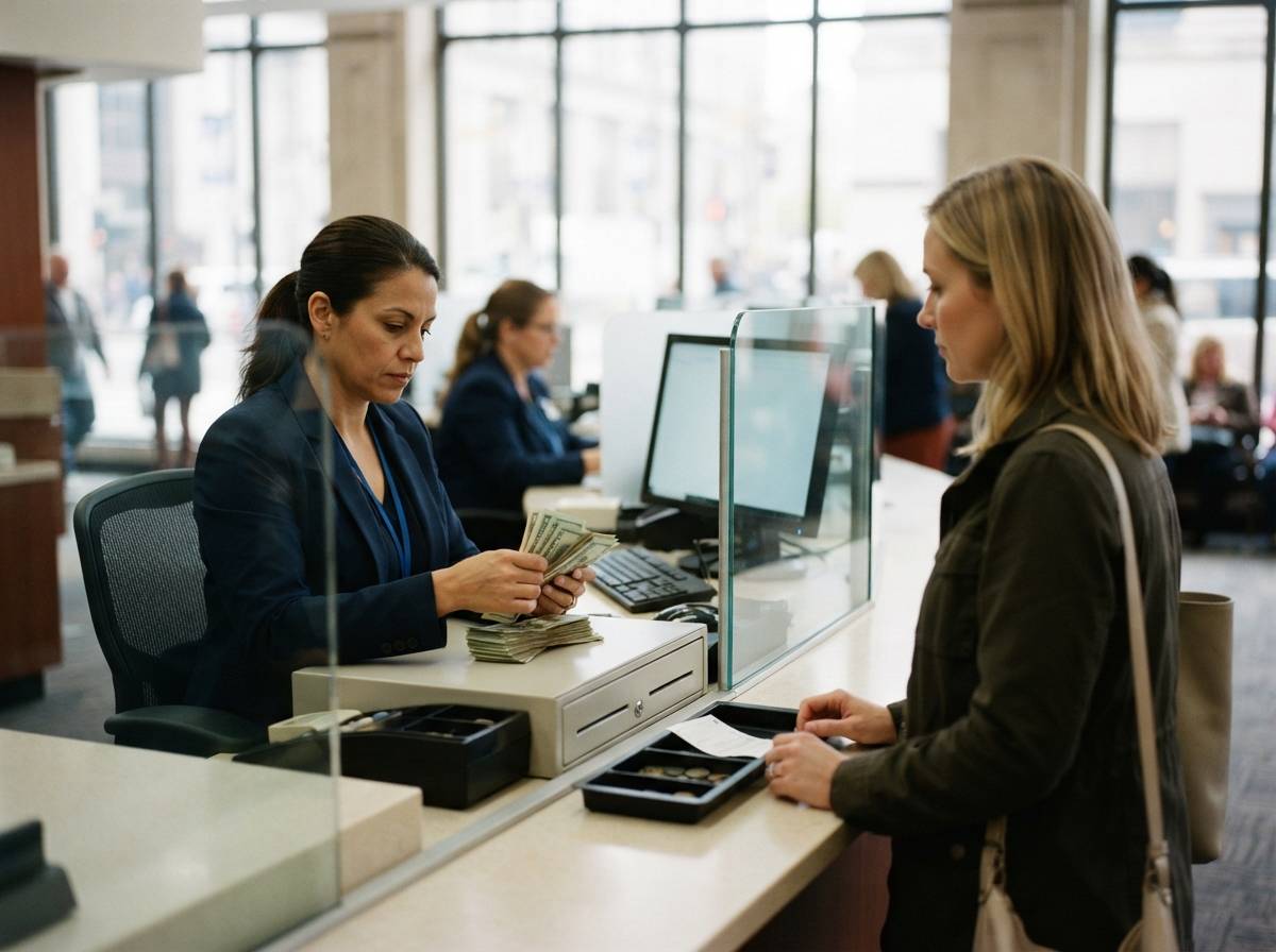 A bank teller counts cash at a teller counter as a customer waits.